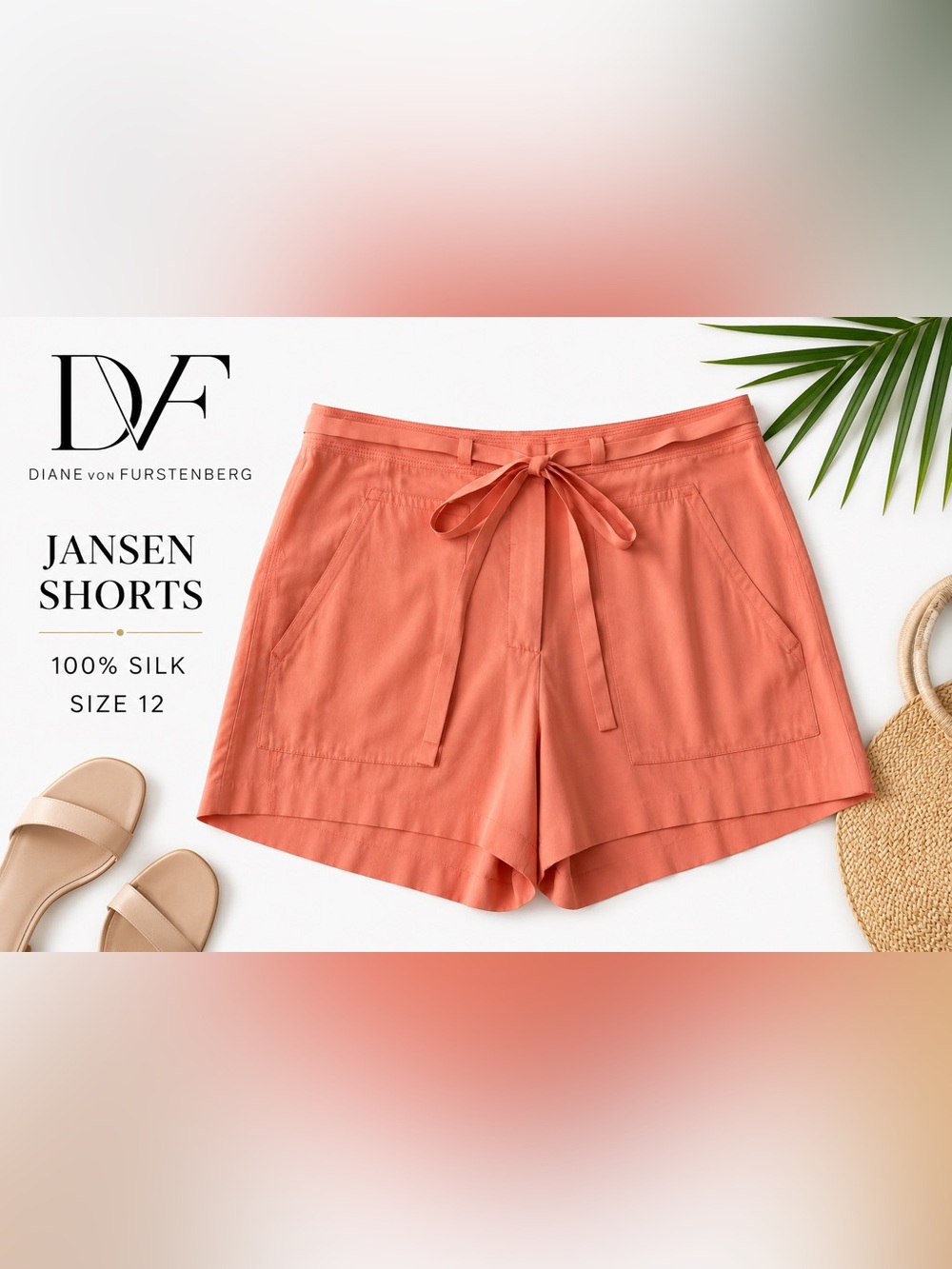 Diane von Furstenberg DVF 100% Silk Jansen Shorts Coral Peach Tie Waist Size 12